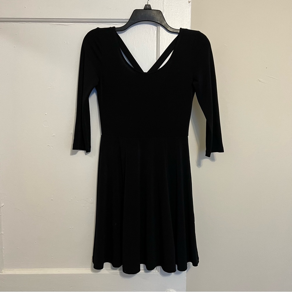Black Stretchy A-Line Skater Skirt Dress with Criss Cross Back